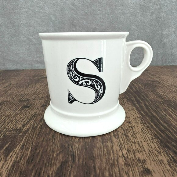Anthropologie Monogram Mug S Initial White Black Ceramic Footed Coffee Tea Cocoa - Picture 1 of 9